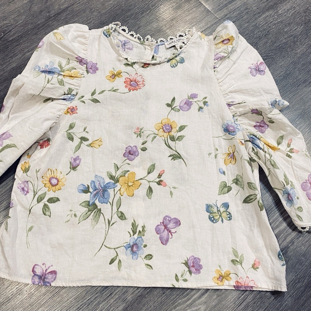 Laura Ashley Linen Blend Floral Puff Sleeve Blouse Button Back Ivory Large